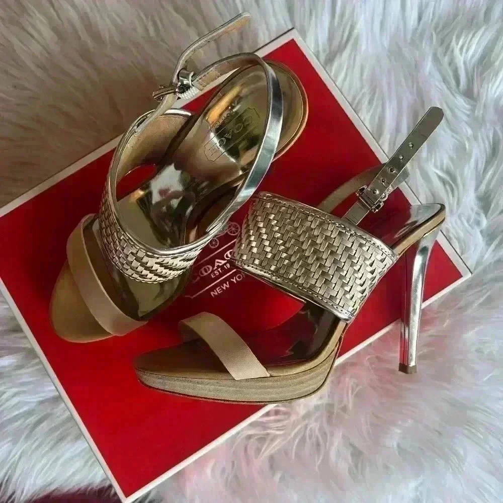 Coach Steffi Heeled Sandals – Natural/Silver, Size 6B High Heels Strap Pumps